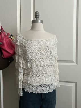 Crochet Off-Shoulder Tiered Ruffle Tunic - Cream